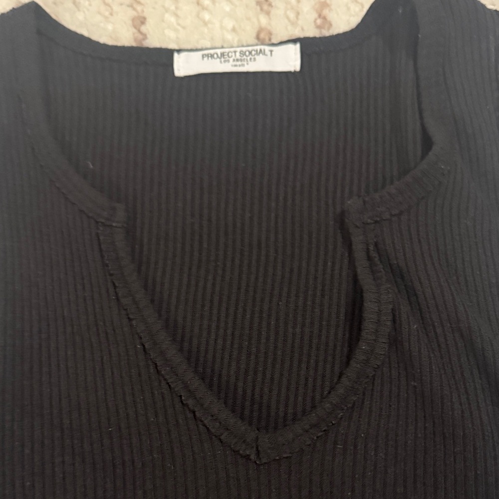 Project Social T Black Ribbed V-Neck Top